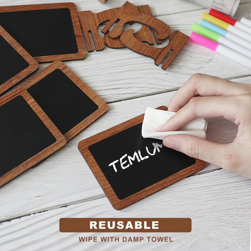 Temlum 15 Pcs Mini Chalkboard Sign with 6 Color Chalk Markers, 2.9″ x 3.9″ Wooden Blackboard Reusable Small Chalkboards for Food, Buffet, Parties, Message Boards, Table Numbers (Rectangular) - Image 4